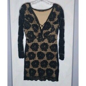 Black Lace Bodycon Mini Dress M Nude Illusion Sheer Floral Long Sleeve Romantic